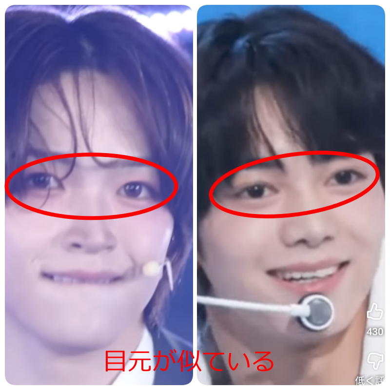 加藤大樹さんとハンジンさんの顔画像を並べ、赤い丸で目元が似ている部分を比較した画像