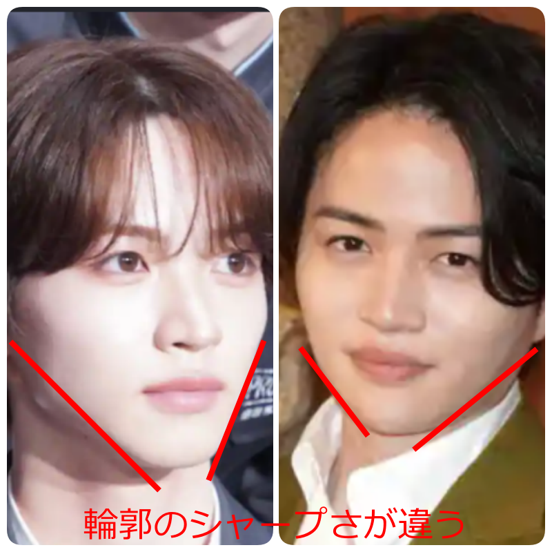 加藤大樹さんと菊池風磨さんの顔画像を並べ、赤いラインで輪郭のシャープさの違いを比較した画像