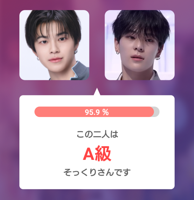 照井康祐さんとジュンミンさんの顔写真を並べ、そっくり度95.9％・A級と表示した比較画像。