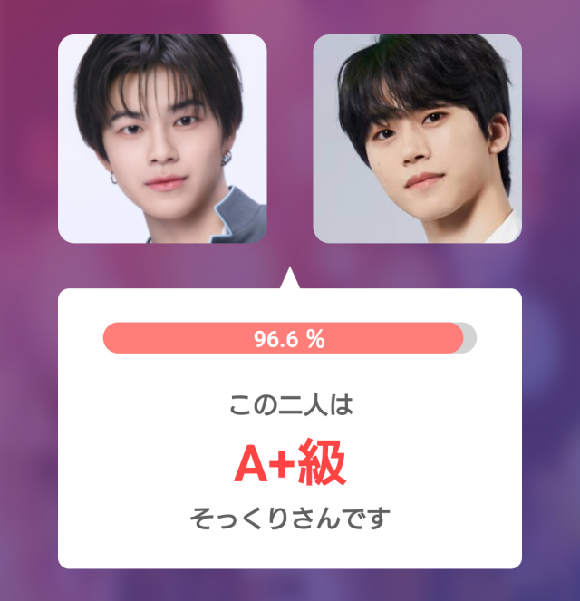 照井康祐さんと木全翔也さんの顔写真を並べ、そっくり度96.6％・A+級と表示した比較画像。
