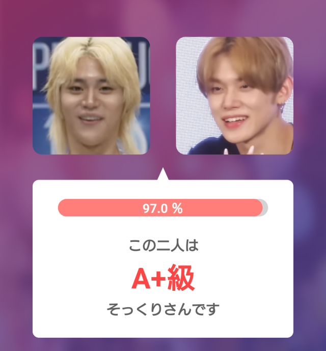 チェン・リッキーとヨンジュンの顔比較画像。アプリ参考値97.0％。
