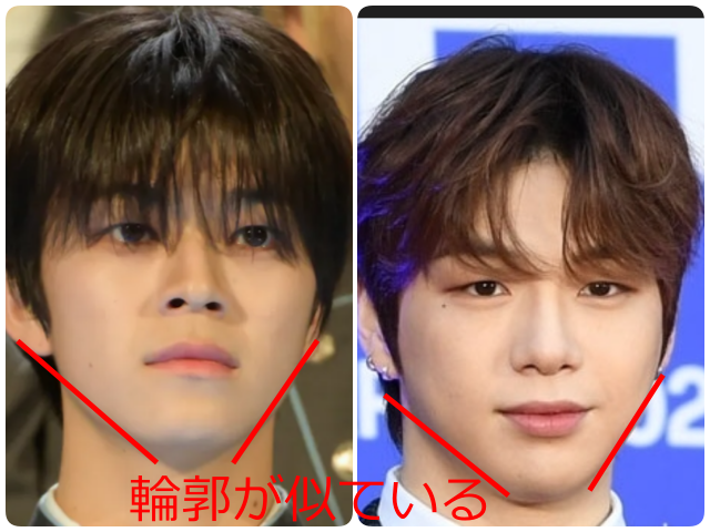 照井康祐さんとカン・ダニエルさんの顔写真を並べ、輪郭を赤線で比較し、「輪郭が似ている」と示した画像。