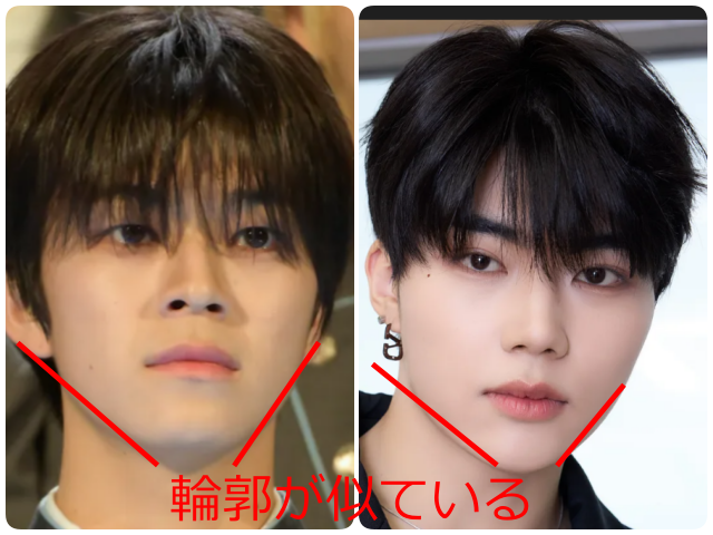 照井康祐さんとゴヌクさんの顔写真を並べ、輪郭を赤線で比較し、「輪郭が似ている」と示した画像。