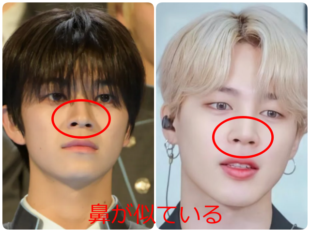 照井康祐さんとジミンさんの鼻を赤丸で比較し、「鼻が似ている」と示した画像。