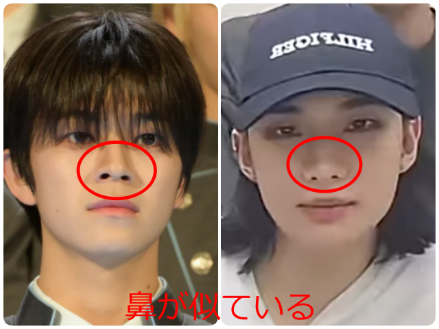 照井康祐さんとヒョンジンさんの鼻を赤丸で比較し、「鼻が似ている」と示した画像。