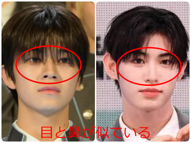 照井康祐さんとミンジェさんの顔写真を並べ、目元と鼻を赤丸で比較し、「目と鼻が似ている」と示した画像。