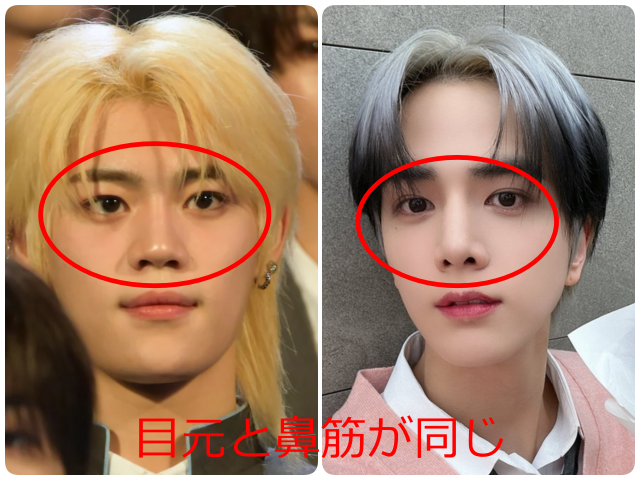 チェン・リッキーとヨンフンの目元と鼻筋を比較した画像。