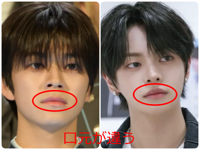 照井康祐さんとイリオさんの口元を赤丸で比較し、「口元が違う」と示した画像。