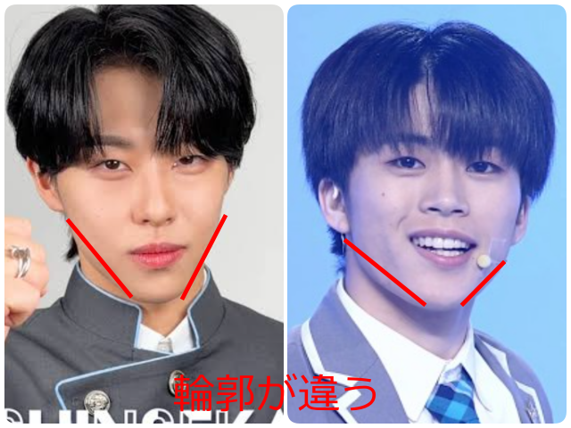 濱田永遠と木全翔也の輪郭を比較する画像。フェイスラインの違いを赤い線で示している。