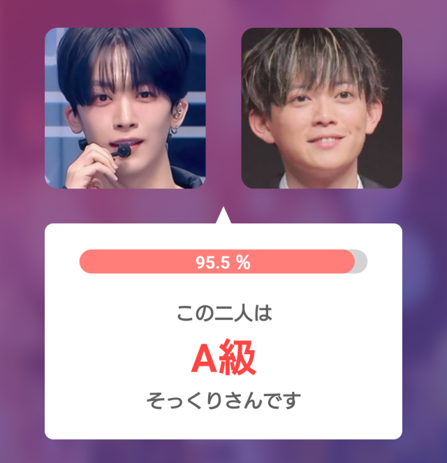 釼持吉成と松丸亮吾の顔診断結果。アプリ「そっくりさん」にて類似度95.5%でA級と判定された比較画像