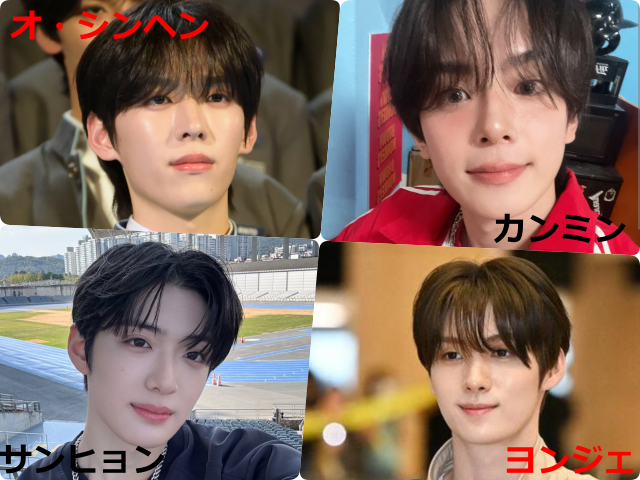 オ・シンヘン(左上)と類似度上位3名(カンミン(右上)、サンヒョン(左下）、ヨンジェ(右下）)の顔写真を並べた4分割比較コラージュ画像。