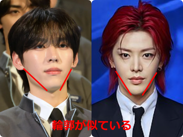 オ・シンヘンとユウタ(NCT)の顔の比較画像。それぞれのフェイスラインに赤色の補助線が引かれ、下部に「輪郭が似ている」という赤文字のテキストを添えて比較している。