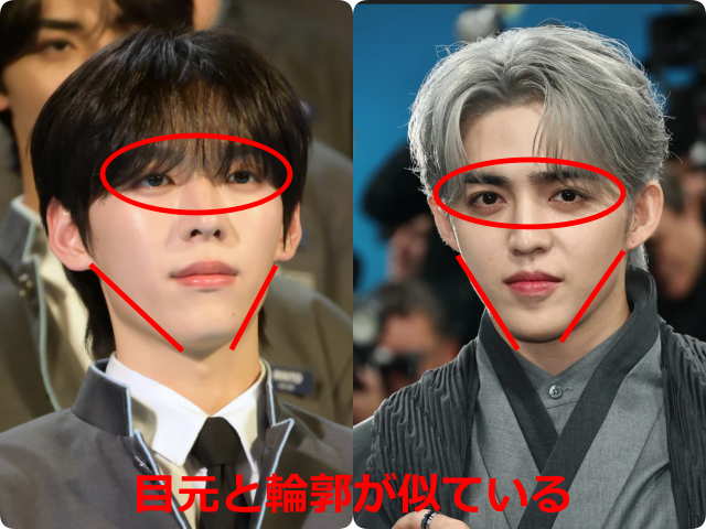 オ・シンヘンとエスクプス(SEVENTEEN)の顔の比較画像。双方の目元が赤色の円で囲まれ、フェイスラインに赤色の補助線が引かれ、下部に「目元と輪郭が似ている」という赤文字のテキストを添えて比較している。
