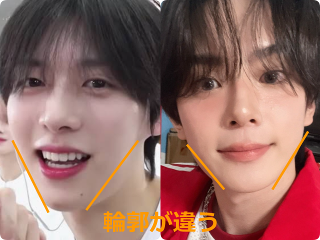 オ・シンヘンとカンミン(VERIVERY)の顔の比較画像。それぞれのフェイスラインにオレンジ色の補助線が引かれ、下部に「輪郭が違う」というテキストを添えて比較している。
