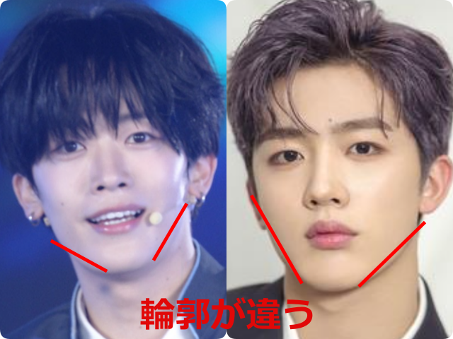 釼持吉成とヨハン(WEi)の顔の比較画像。それぞれの輪郭に赤い補助線を引き、「輪郭が違う」というテキストを添えて比較している