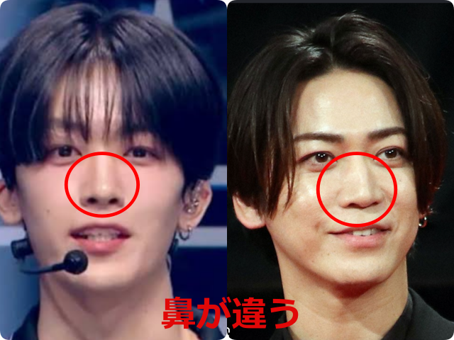 釼持吉成と亀梨和也の顔の比較画像。それぞれの鼻を赤い円で囲み、「鼻が違う」というテキストを添えて比較している