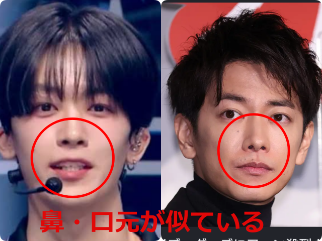 釼持吉成と佐藤健の顔の比較画像。それぞれの鼻と口元を赤い円で囲み、「鼻・口元が似ている」というテキストを添えて比較している