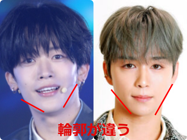 釼持吉成と後藤威尊(INI)の顔の比較画像。それぞれの輪郭に赤い補助線を引き、「輪郭が違う」というテキストを添えて比較している