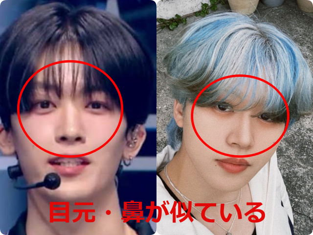 釼持吉成と木全翔也(JO1)の顔の比較画像。それぞれの目元と鼻を赤い円で囲み、「目元・鼻が似ている」というテキストを添えて比較している