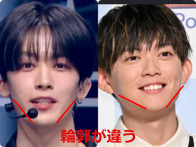 釼持吉成と松丸亮吾の顔の比較画像。それぞれの輪郭に赤い補助線を引き、「輪郭が違う」というテキストを添えて比較している