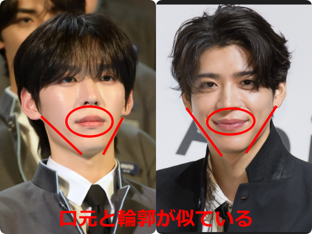 オ・シンヘンと松島聡(timelesz)の顔の比較画像。双方の口元が赤色の円で囲まれ、フェイスラインに赤色の補助線が引かれ、下部に「口元と輪郭が似ている」という赤文字のテキストを添えて比較している。
