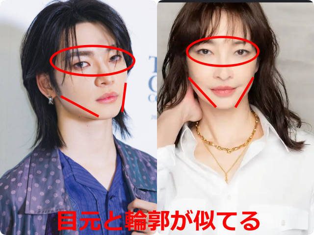 aoen颯太と女優・りょうの顔写真を並べ、目元とフェイスラインを赤い線で示して比較した画像。切れ長の目元やシャープな輪郭に共通点があることを示している。