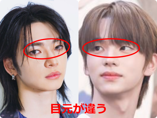 aoen颯太とTWSシニュの顔画像を比較。目元を赤丸で囲み、目の形や大きさ、目尻の印象に違いがあることを示している。
