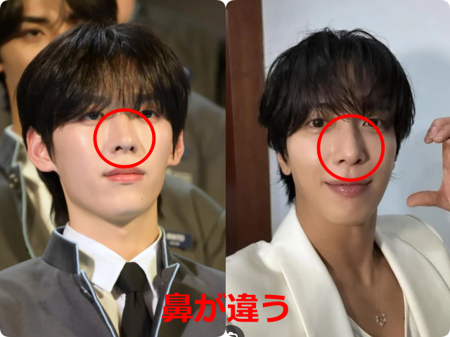 オ・シンヘンとヨンファ（CNBLUE）の顔の比較画像。双方の鼻が赤色の円で囲まれ、下部に「鼻が違う」という赤文字のテキストを添えて比較している。