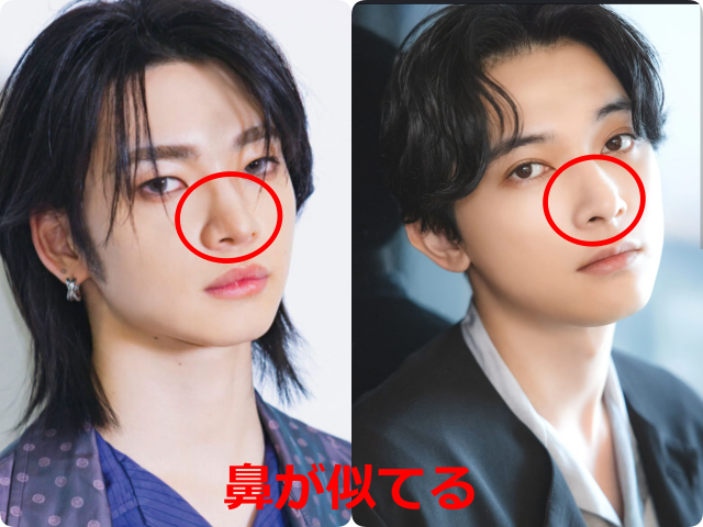 aoen颯太と俳優・吉沢亮の顔画像を比較。鼻の部分を赤丸で囲み、鼻筋や鼻先、小鼻の形が似ていることを示している。