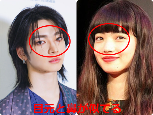 aoen颯太と小松菜奈の顔写真を並べ、目元と鼻の周辺を赤丸で囲んで比較した画像。切れ長の目元や鼻筋の見え方に共通点があることを示している。