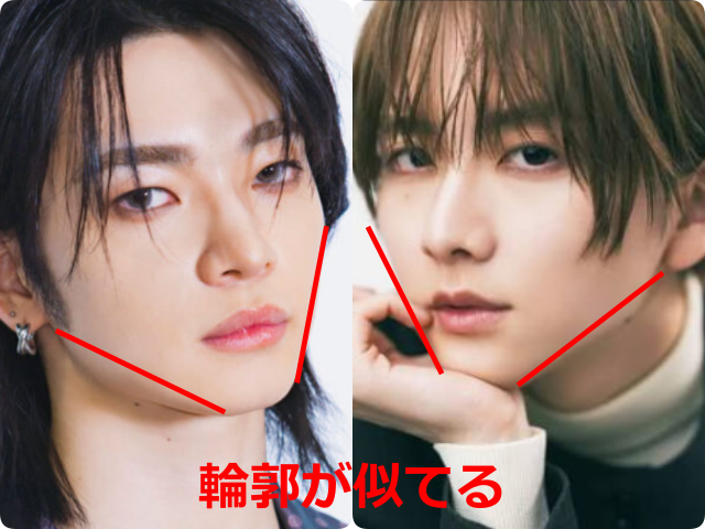 aoen颯太と俳優・板垣李光人の顔画像を比較。フェイスラインを赤い線で示し、顎に向かって細くなるシャープな輪郭が似ていることを表している。
