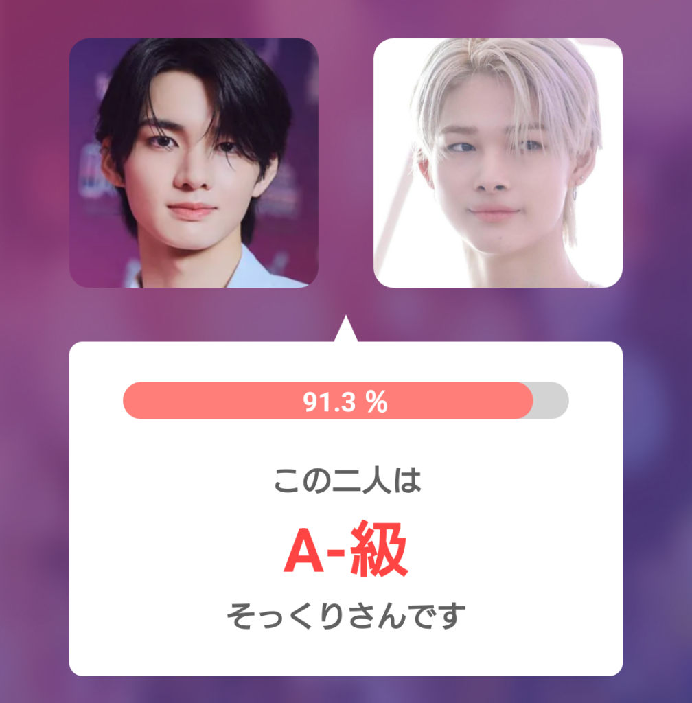 aoen輝とENHYPEN・ニキとして掲載された顔写真を並べた比較画像。そっくり度91.3%で、『この二人はA-級そっくりさんです』と表示されている。