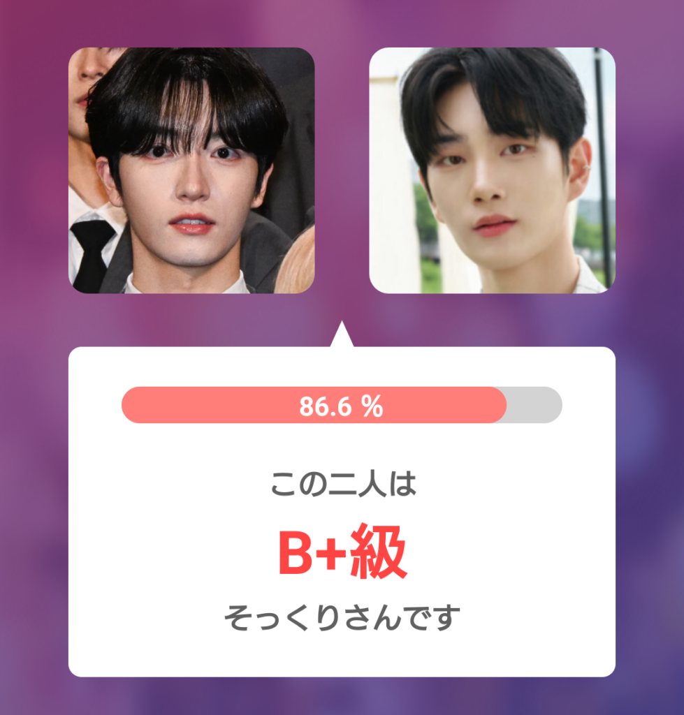 パク・シヨンとチ・チャンウクの顔写真を比較したそっくり診断結果。そっくり度86.6％と表示されている