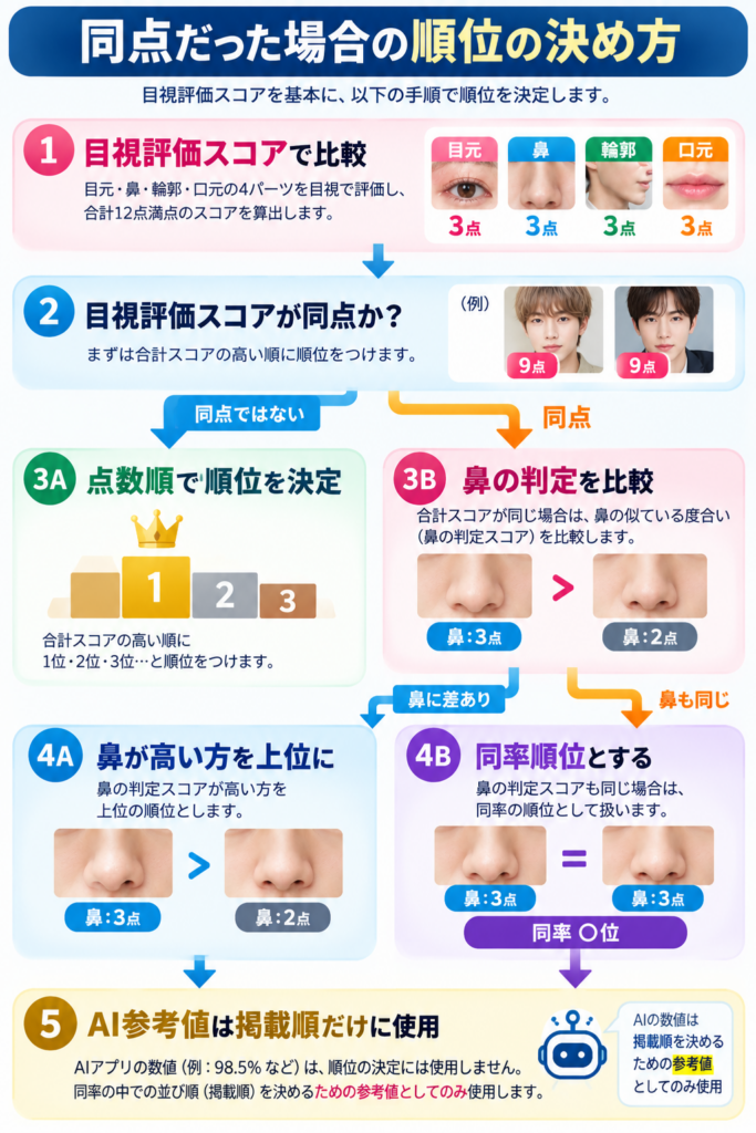 矢田佳暉（YOSHIKI）に似ている有名人ランキングで、同点時に鼻の判定を比較し、鼻も同じ場合は同率とする順位決定方法のフロー図