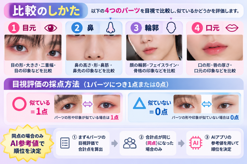パク・シヨンに似ている有名人ランキングの比較方法。目元・鼻・輪郭・口元の4パーツを目視評価し、似ている場合は1点、似ていない場合は0点、同点の場合のみAI参考値で順位を決定