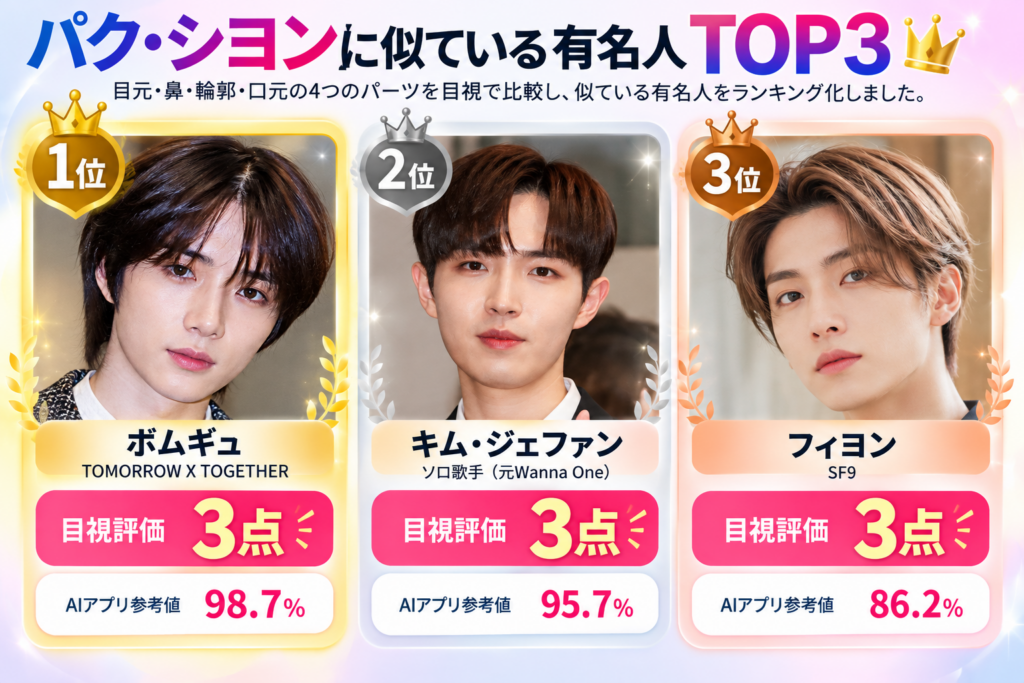 パク・シヨンに似ている有名人TOP3。1位ボムギュ、2位キム・ジェファン、3位フィヨンはいずれも目視評価3点で、AIアプリ参考値は順に98.7％、95.7％、86.2％