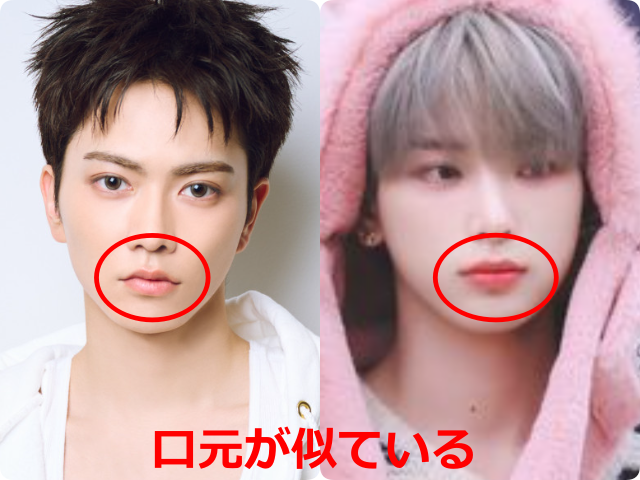 aoen礼央と&TEAMのHARUAの顔写真を左右に並べて比較。両者の口元を赤い円で囲み、似ている印象を示している。