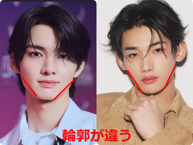 aoen輝と&TEAM・JOとして掲載された顔写真を並べ、あごから輪郭に赤い線を引いて比較した画像。『輪郭が違う』と赤字で示されている。
