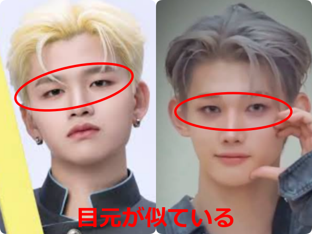 KO1KEYZのRYUJI（杉山竜司）さんと&TEAMのJOさんの顔写真を並べ、目元を赤丸で囲んで比較した画像。「目元が似ている」と表示されている。