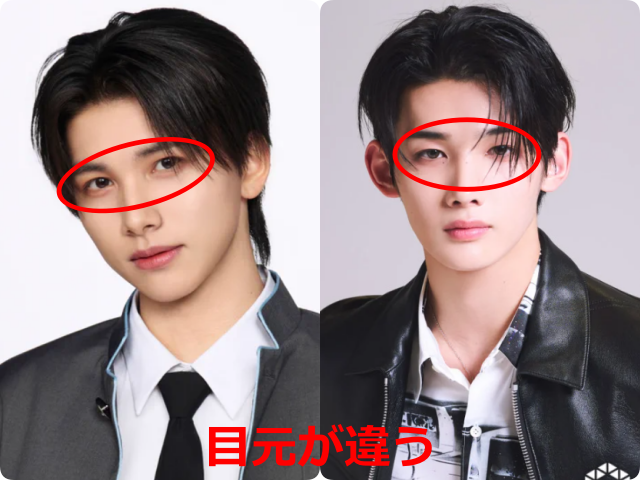 後藤結さんとJOさん（&TEAM）の顔写真を比較し、目元の違いを赤丸で示した画像。
