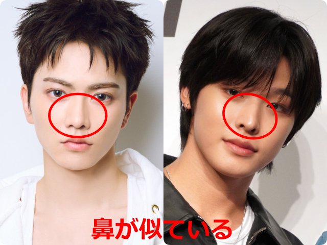 aoen礼央とNCT WISHのRIKUの顔写真を左右に並べて比較。両者の鼻を赤い円で囲み、似ている印象を示している。