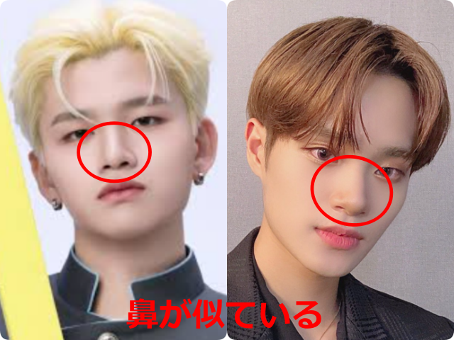 KO1KEYZのRYUJI（杉山竜司）さんとAB6IXのイ・デフィさんの顔写真を並べ、鼻を赤丸で囲んで比較した画像。「鼻が似ている」と表示されている。