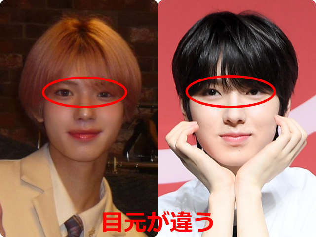 矢田佳暉（YOSHIKI）とNCT WISHのサクヤの目元を比較し、違いを示した画像