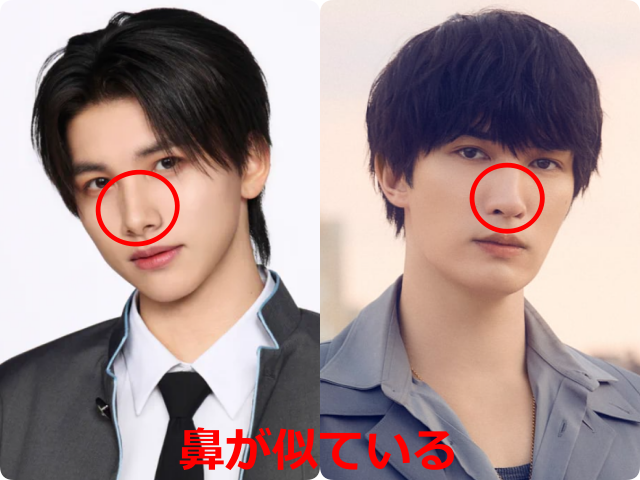 後藤結さんとジェシーさん（SixTONES）の顔写真を比較し、似ている鼻を赤丸で示した画像。