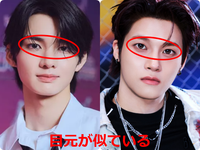 aoen輝とxikers・ジュンミンとして掲載された顔写真を並べ、目元を赤い楕円で囲って比較した画像。『目元が似ている』と赤字で示されている。