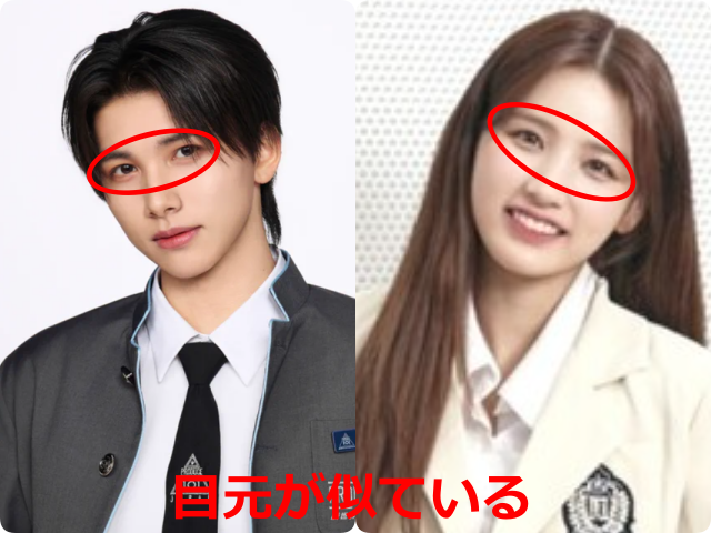後藤結さんとジユンさん（ICHILLIN'）の顔写真を比較し、似ている目元を赤丸で示した画像。