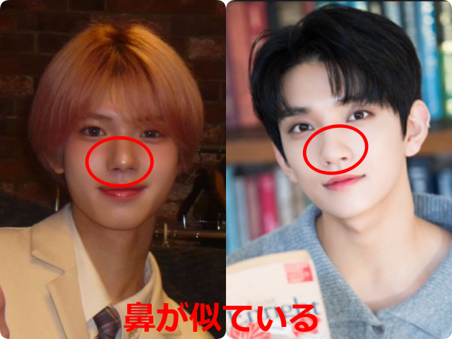 矢田佳暉（YOSHIKI）とSEVENTEENのジョシュアの鼻を比較し、似ている部分を示した画像