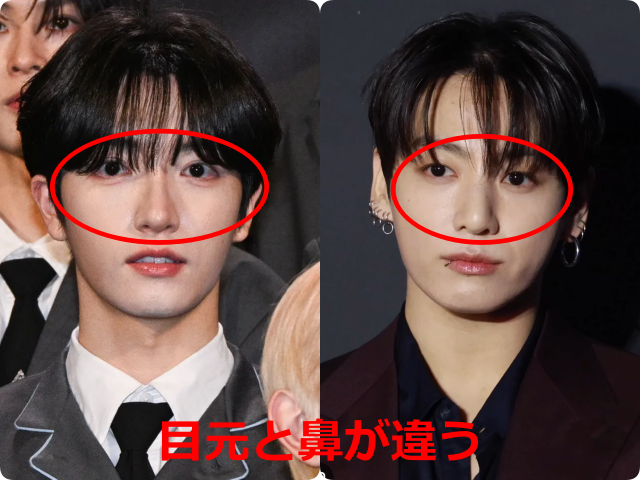 パク・シヨンとジョングクの顔写真を並べ、目元と鼻を赤枠で示した比較画像。目の形や鼻筋・鼻先の違いを比較