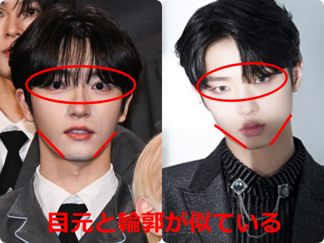 パク・シヨンとソン・ドンピョの顔写真を並べ、目元と輪郭を赤線で示した比較画像。目元とフェイスラインの共通点を比較