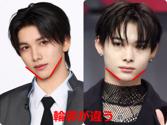 後藤結さんとニキさん（ENHYPEN）の顔写真を比較し、輪郭の違いを赤線で示した画像。